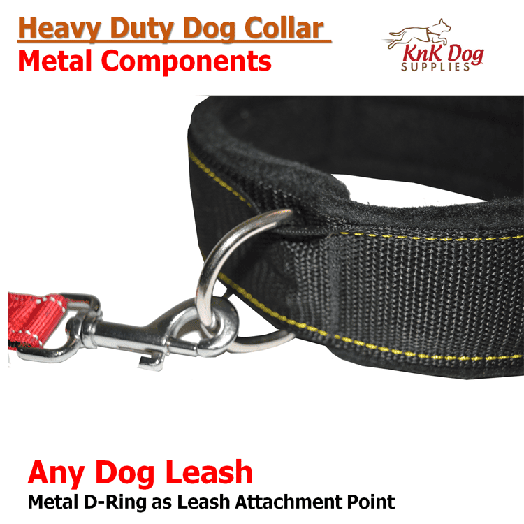 Close-up of KnK Heavy Duty Dog Collar showing strong D-Ring and premium black nylon with yellow stitching