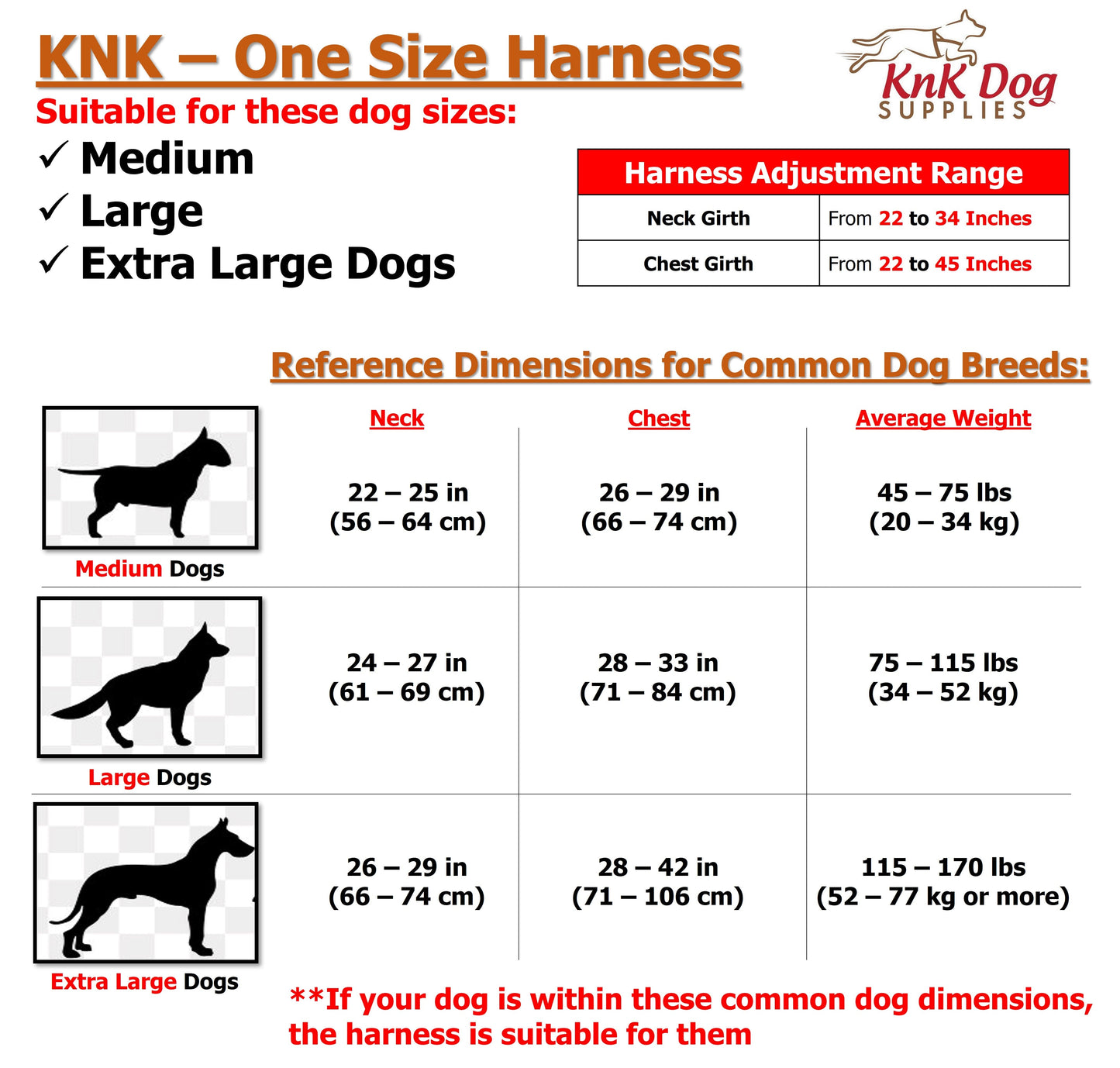 KnK Dog Harness Size Chart for Medium, Large and Extra Large Dogs