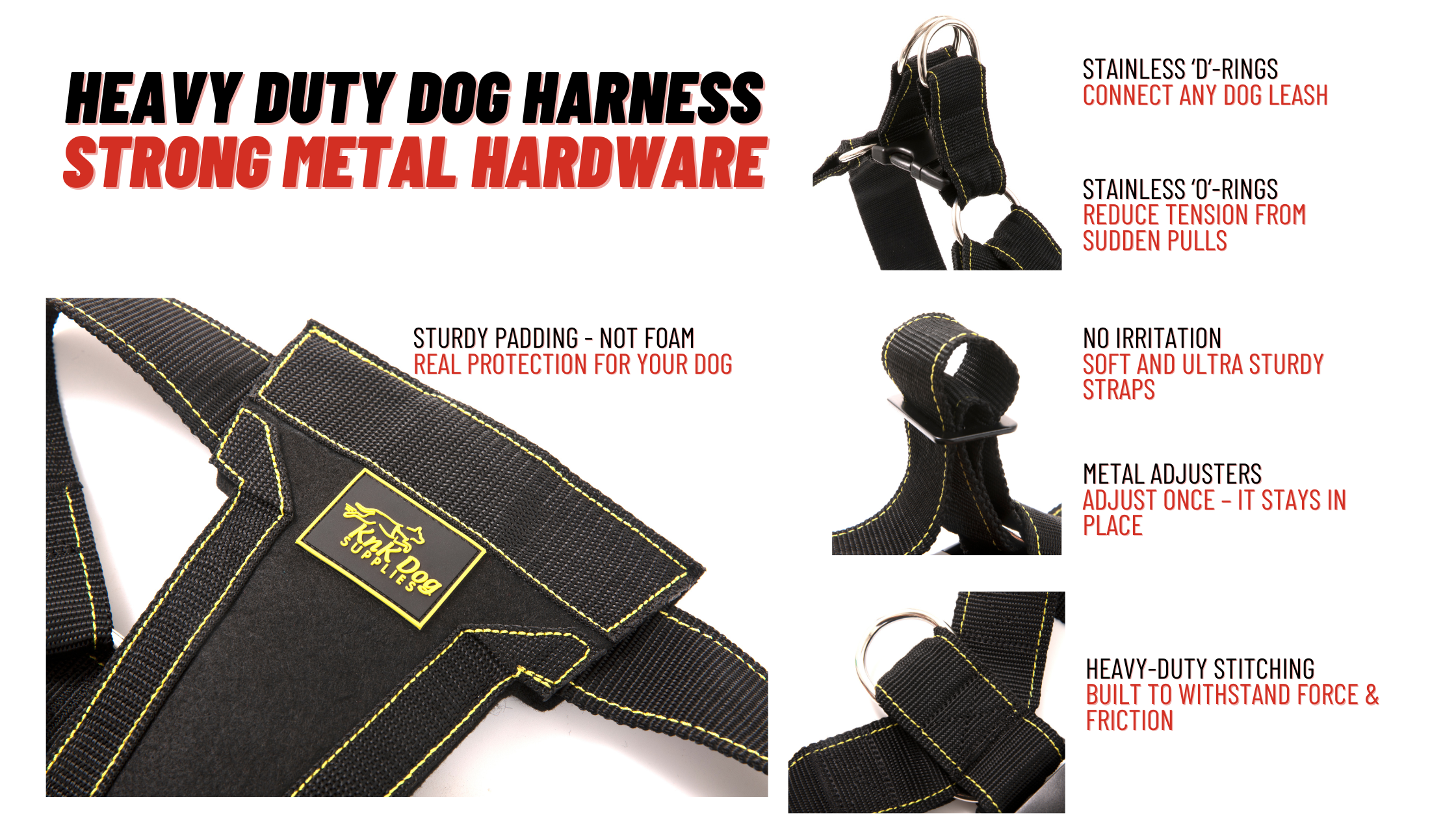 Heavy-duty dog harness with features highlighted on a white background