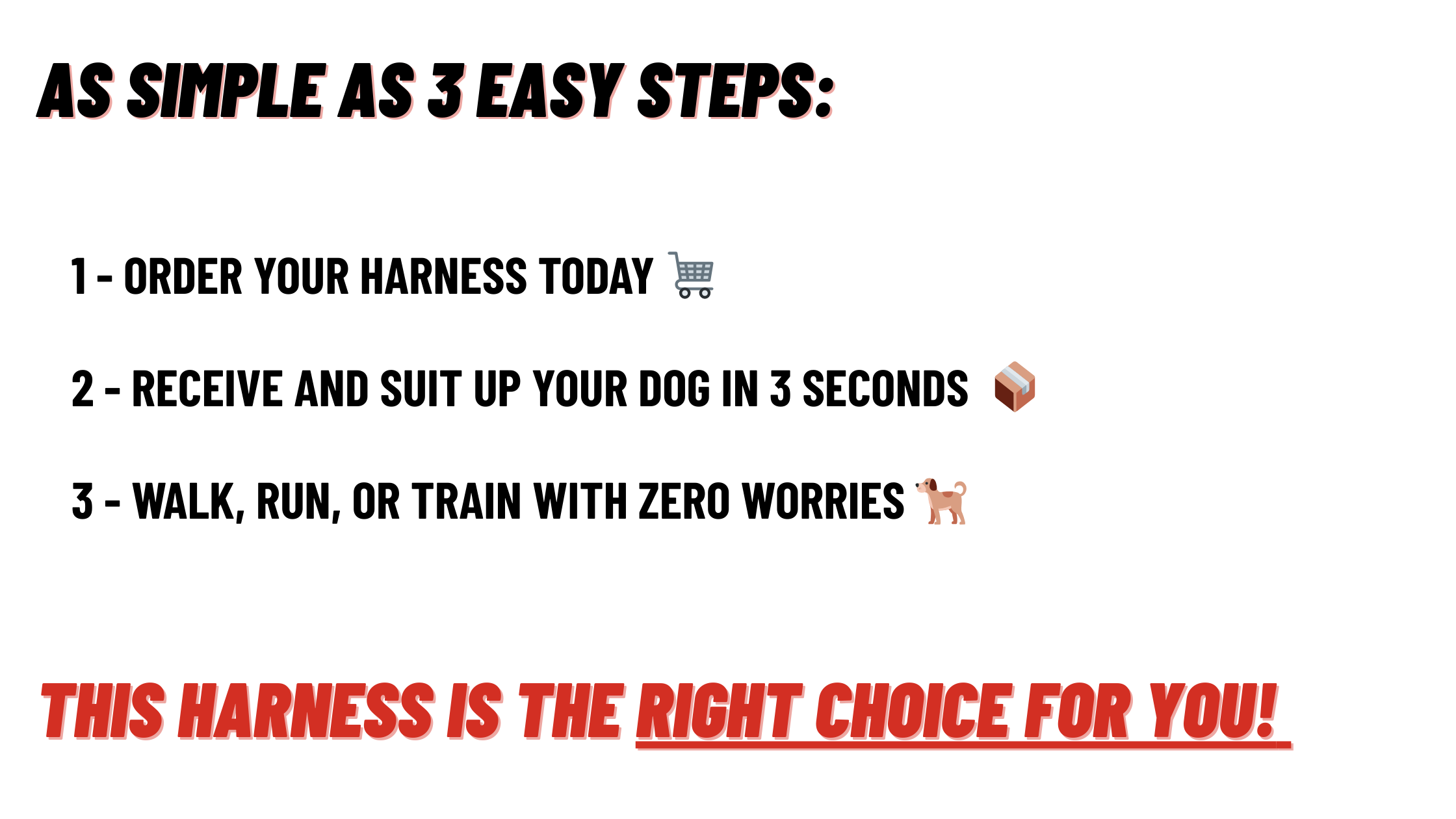 Promotional text for a dog harness with three steps to use it.
